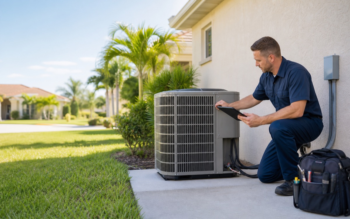 HVAC technician inspecting an outdoor AC unit at a Central Florida home